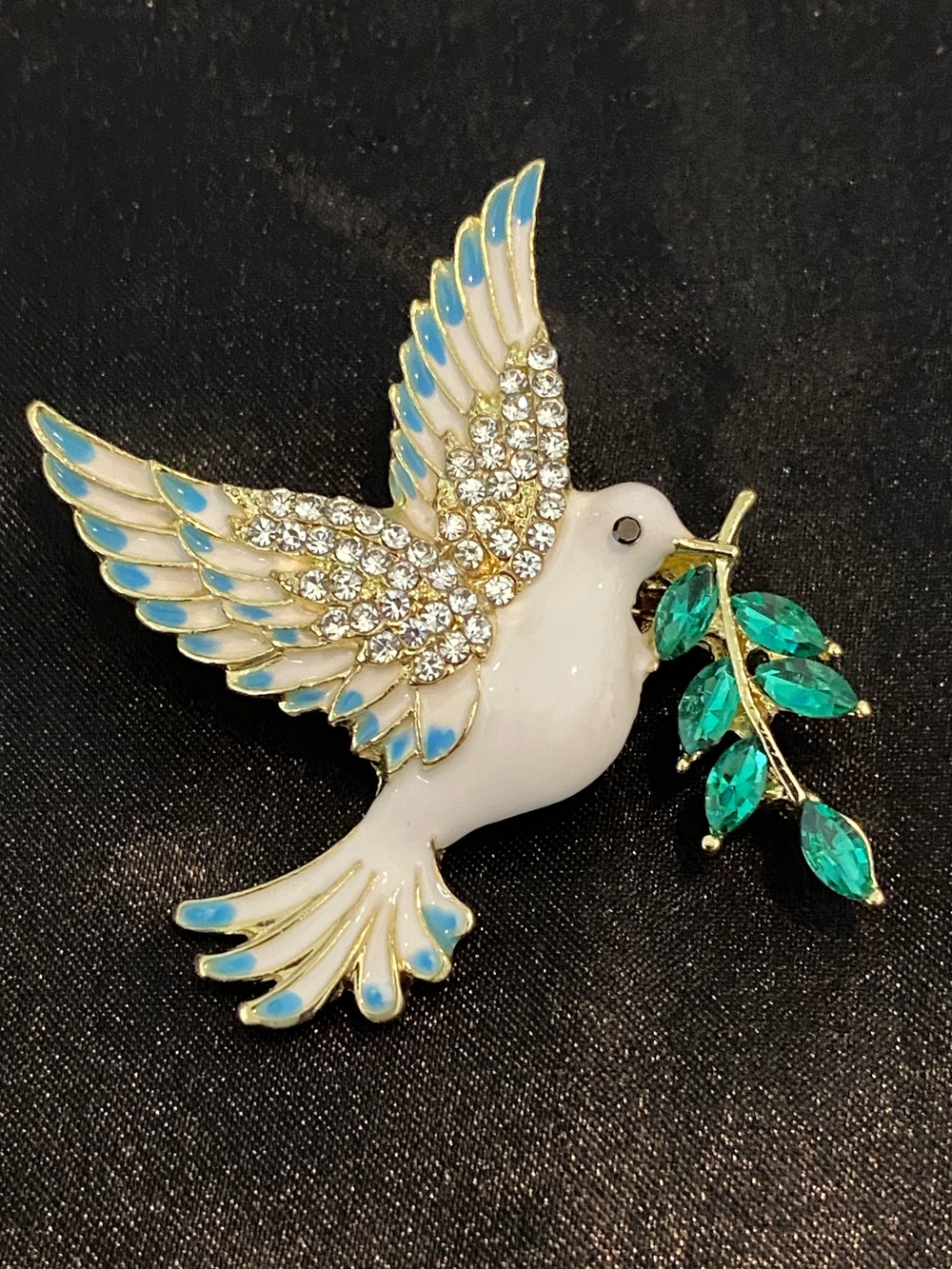 Dove Brooch with Emerald Green Leaf Accents